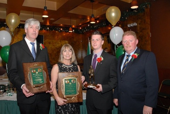 2012 Donegal GFC NY award winners: Seamus Smith, Campbell-Houlihan Award; Annie O'Donnell, Damian Meehan Award; and Liam Deane, Young Player of they Year, with Donegal NY Chairman Laurence McGrath at the Club's annual banquet.