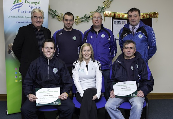 Finn Harps Coaches presented with disability football certs by Therese Laverty, Donegal Sports Partnership, Also pictured are John Campbell (Secretary Finn Harps FC) James Rodgers Head of Youth Deve