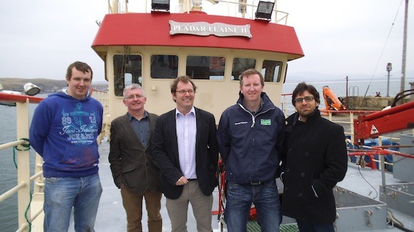 McBride Fishing, Donegal, get on board with the WiSAR Lab, LYIT who are developing a new wireless system that will track crab pots deployed at sea. L-R: Brian McBride, Captain, Dr. Jim Morrison, Head of Electronics & Mechanical Engineering LYIT, Dr. Nick Timmons, Principal Investigator WiSAR Lab, Pete McBride, Sufian Al Aswad, WiSAR Lab Centre Manager. 