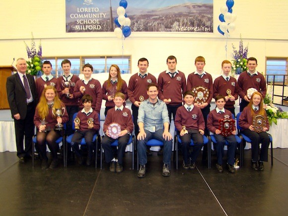 003.jpg   P.E. and Sports Award Winners with Shane Mc Laughlin and Principal, Mr. Andrew Kelly.