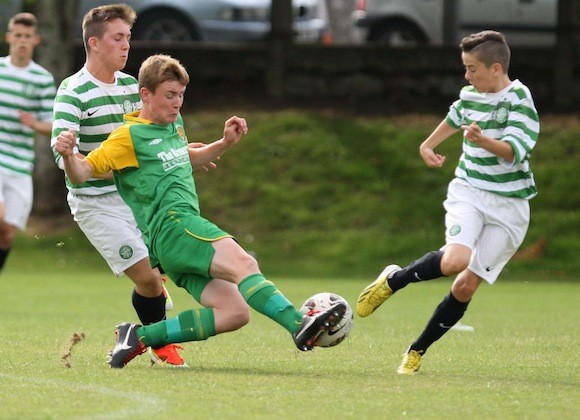 Conor Gormley makes a well timed interception during the match between Donegal Schoolboys and Glasgow Celtic in the Foyle Cup 2013. Pic.: Gary Foy
