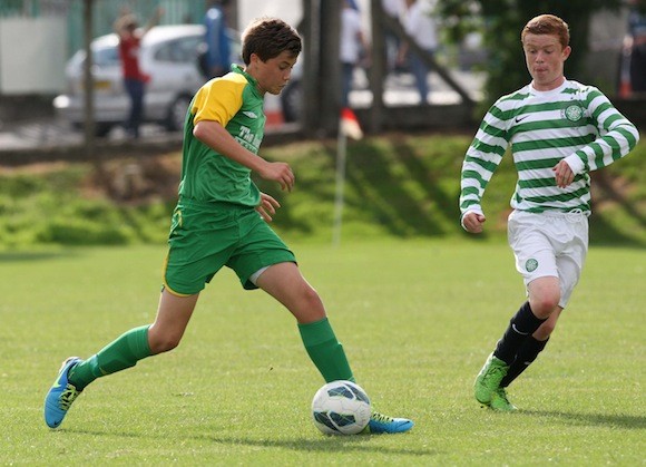 Donegal Schoolboy's Under 14 team captain Shane Blaney in control against Glasgow Celtic. Pic.: Gary Foy