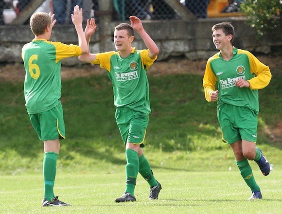 Sean Mc Bride of Donegal Schoolboys is congratulated by team-mates after equalising against Glasgow Celtic at the 2013 Foyle Cup. Pic.: Gary Foy