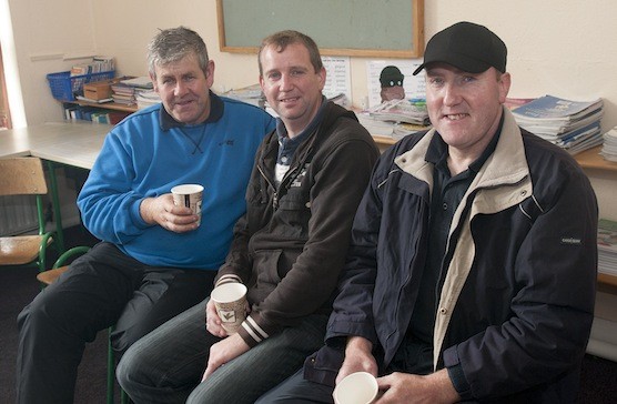 Kieran O'Donnell, Neville Rodgers and Patrick Rodgers enjoying a quick cuppa before heading on the Tractor Run.