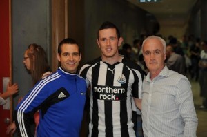 Niall McGonagle, Coach, Ciaran Gallagher, LyIT Soccer team member and Finn Harps player and Paddy Gallagher, Sports Officer, pictured at the registration of Clubs and Societies day in Letterkenny IT on Wednesday.