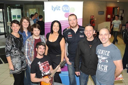 Pictured at Clubs and Societies Day in LyIT are Helen Donohue, Hillwalking, Lynda Tunstead, Christian Union, Ciaran Cairns, Gming Society, Darren Coleman, Music and Bands Society, Fiona Kelly Student Union Administrator, Sean T Patton, Motor Club, John McClean, Gardening Club, Gearóid Maguire, Android Society. (Photo Paddy Gallagher).