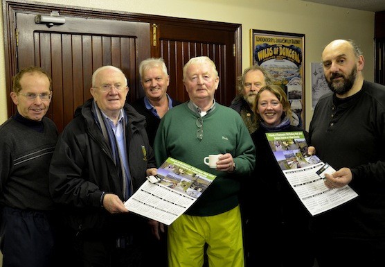 Pat the cope Gallagher MEP pictured with members of the Burtonport Railway Walkers Committee as they make a presentation to Brian Mc Daid who completed the walk for Derry to Burtonport  on Sunday.