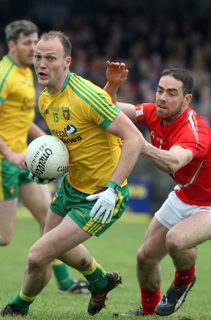 Colm Anthony Mc Fadden battles well to hold on to this ball in Ballysannon on Sunday evening. Photo Brian McDaid