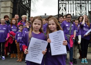 Donegal's children with diabetes present their petition to Health Minister Dr. James Reilly at Dáil Éireann. In front: Rianna and Alyssa Kelly.