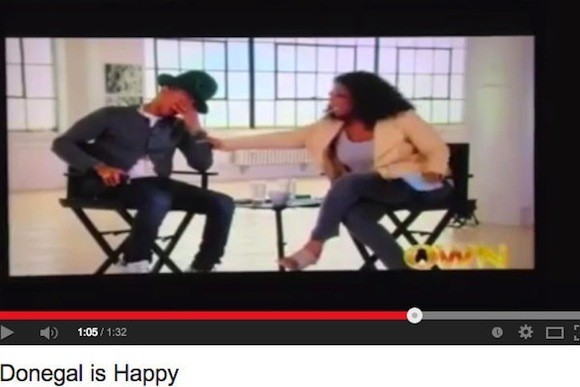 Singer Pharrell Williams breaks down after watching the Happy video including clips from Donegal. 