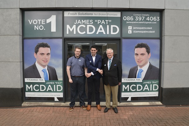Fianna Fáil local election candidate for Letterkenny James Pat McDaid meets with prominent Fianna Fáil Stalwart Retired Detective Garda James Madigan and his son, Paul Madigan. 