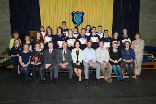 Sixth Year Award winners at the Mulroy College prize giving on Thursday night last Anne Marie Doherty,   Gillian Marley,  Martin Davis, Parmerica, Ian McGarvey, Donegal Mayor, Fiona Temple,Principal, Jason Black, guest Speaker, Tony McCarry, Parents Committtee, Scatha Farrell, BOM, and Catherine Crawford. Back row Year Head, Dympna English and Catherine McHugh, Deputy Principal. Photo Clive Wasson.