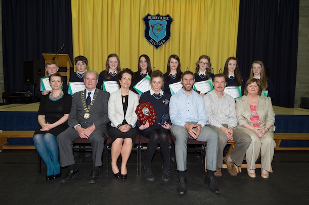 Winners of the Student of the year awards at the Mulroy College prize giving on Thursday night last. Seated from left are  Scatha Farrell, Board of Management, Ian McGarvey, Donegal Mayor, Fiona Temple, Principal, Gillian Marley, Student of the Year 6th Year, Jason Black, guest Speaker, Tony McCarry, Parents Committtee and Catherine McHugh, Deputy Principal. Back from left are Ben Harkin, Dylan McBride, Rosa Barrett, Chloe Bradley, Erin Mallon, Aine Greene, Aoife Sweeney and Zoe Greene. Photo Clive Wasson.