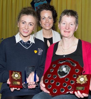 Gillian Marley, Student of the Year 2014 with Fiona Temple Principal and  Bernie Marley at the Mulroy College prize giving on Thursday night last. Photo Clive Wasson.