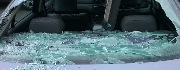 The smashed windscreen of Paul McHugh's BMW car.
