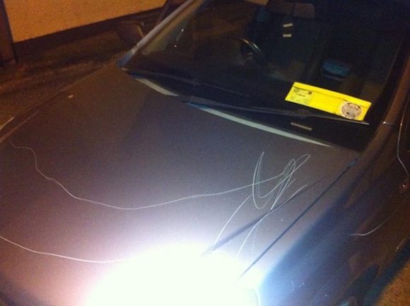 Some of the disgusting damage caused to Eibhlin's car in the attack in Dunfanaghy last night.