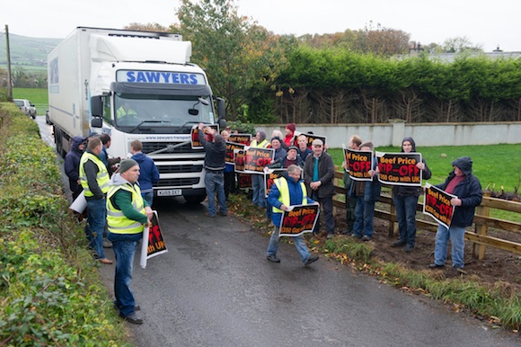 A truck held up as members of Donegal IFA as they blockade the Donegal / Foyle Meat's Factory Carrigans as part of there nationwide protest at the low prices being paid for cattle. Photo- Clive Wasson