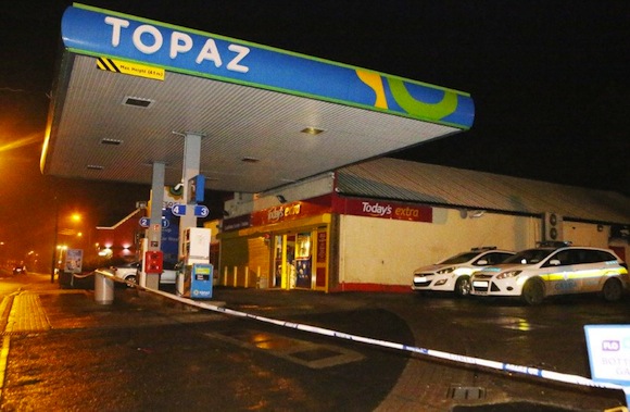 The scene of this evening's raid on a petrol station in Castlefin. Pic by North West Newspix.
