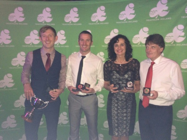 Aidan Callaghan, Gavin Crawford, Fin Begly, John Cannon at Triathlon Ireland Awards.