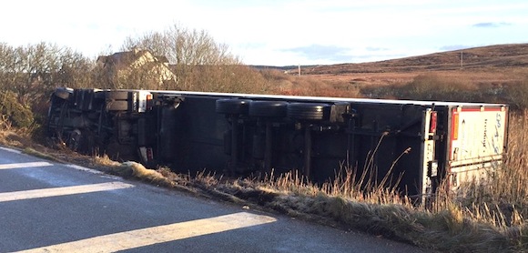 The lorry which went off the road in West Donegal this morning.