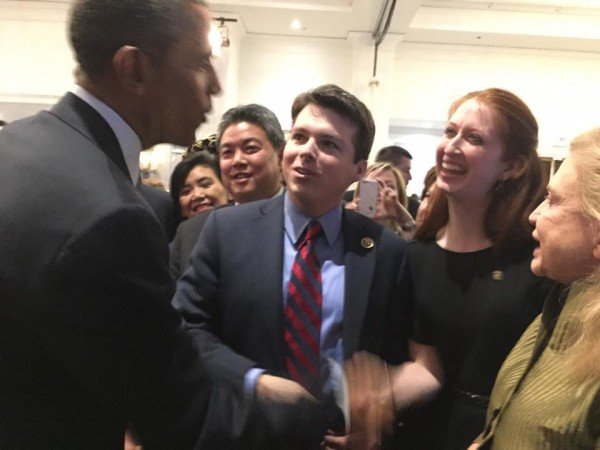 Congressman Brendan Boyle introduces President Barack Obama to his wife Jenny.  
