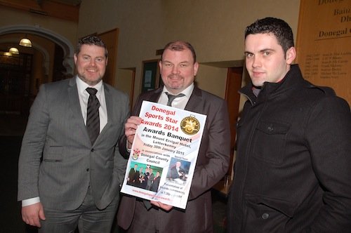 Fianna Cllrs Seamus O’Domhnaill, Ciaran Brogan and James Pat McDaid looking forward to Friday night’s Donegal Sports Star Awards function in the Mount Errigal Hotel.