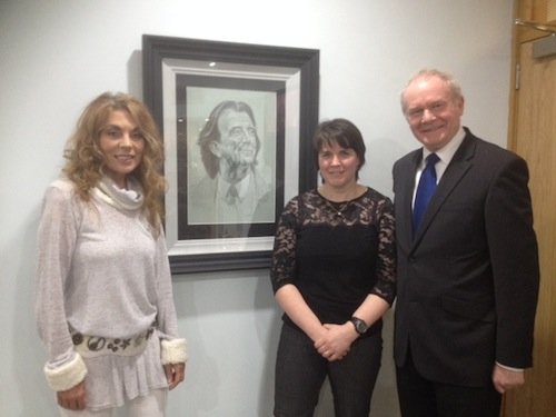 The wife of the late Gerry Anderson, Christine, artist Marina Hamilton and Martin McGuinness. 