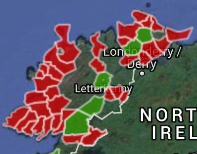 The red parts of the map indicate the areas of Donegal which will get eFibre broadband between April and June while the green areas already have it.