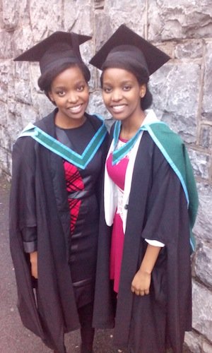 Naledi and Nala Shologu (left to right) at a recent NUI-Galway graduation ceremony during which they were awarded their Master’s degrees in Biomedical Science. Both young women are currently PhD candidates at the school.