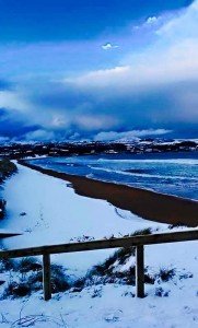 Snow covers the beach at Culdaff. 