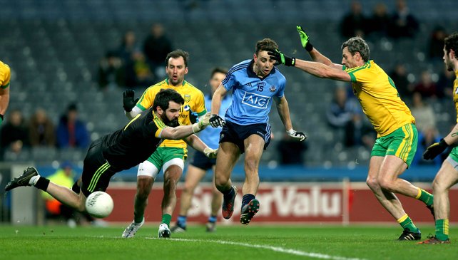 Cormac Costelloe scores Dublin's opening goal at Croke Park this evening.