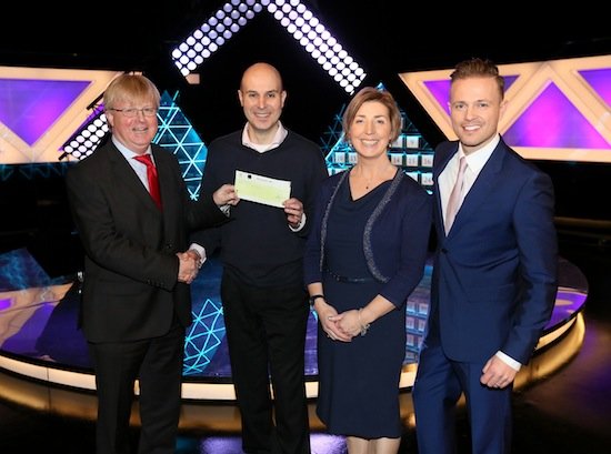 Didier Hosain from Letterkenny, Co. Donegal has won €25,000 on the National Lottery’s The Million Euro Challenge game show on RTE on Saturday 31st January 2015. Pictured at the presentation of prizes are from left to right: Eddie Banville, Head of Marketing, The National Lottery; Didier Hosain the winning player; Didier’s wife Tina Hosain, who was his guest support on the show and The Million Euro Challenge Host Nicky Byrne. The winning ticket was bought from The Post Office, Belmullet, Ballina, Co. Mayo. Pic: Mac Innes Photography.