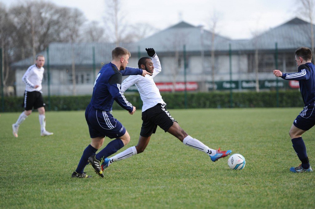 Letterkenny IT centre-forward Steve Emeka in action against CSN yesterday afternoon. 