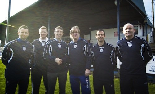 CAPTION: New Finn Harps U17 manager Declan Boyle is welcomed by the Harps management team James Gallagher, William O’Conner, Ollie Horgan, Niall McGonagle and Trevor Scanlon. Photo by Ciaran McLochlainn.