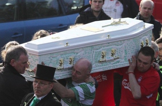 Georgia's coffin is taken from St Columba's Church this afternoon. Pic by Northwest Newspix.