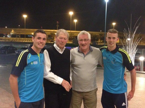 Middle East captain Danny Curran pictured alongside teammate Cian Tobin and GAA icons Pat Spillane and Mícheál Ó Muircheartaigh at the World GAA Games in Abu Dhabi. 