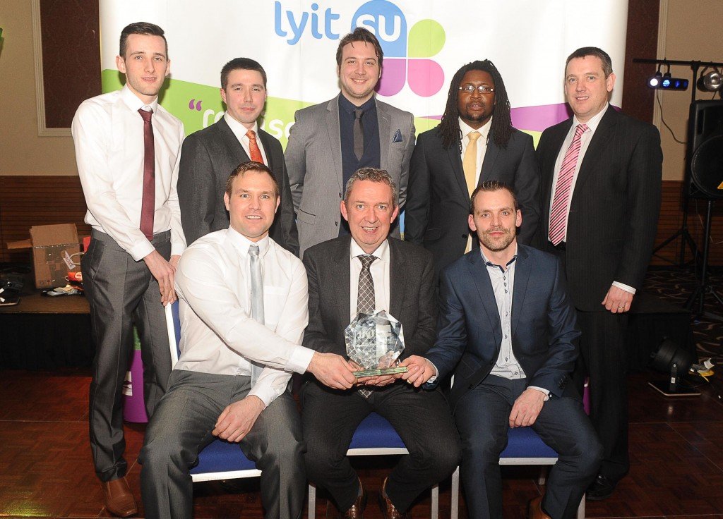 Members of the Android App Society winners of the Civic and Community Engagement Award at the LyIT Presentation of Awards included in the photograph are Gareth Toland, Paulius Karbauskas, Kieran Thompson, Stanley Nyadzayo, and Billy Bennett, Registrar, in front are Denis Bourne, Paul Hannigan, President LYIT and Gearoid Maguire.