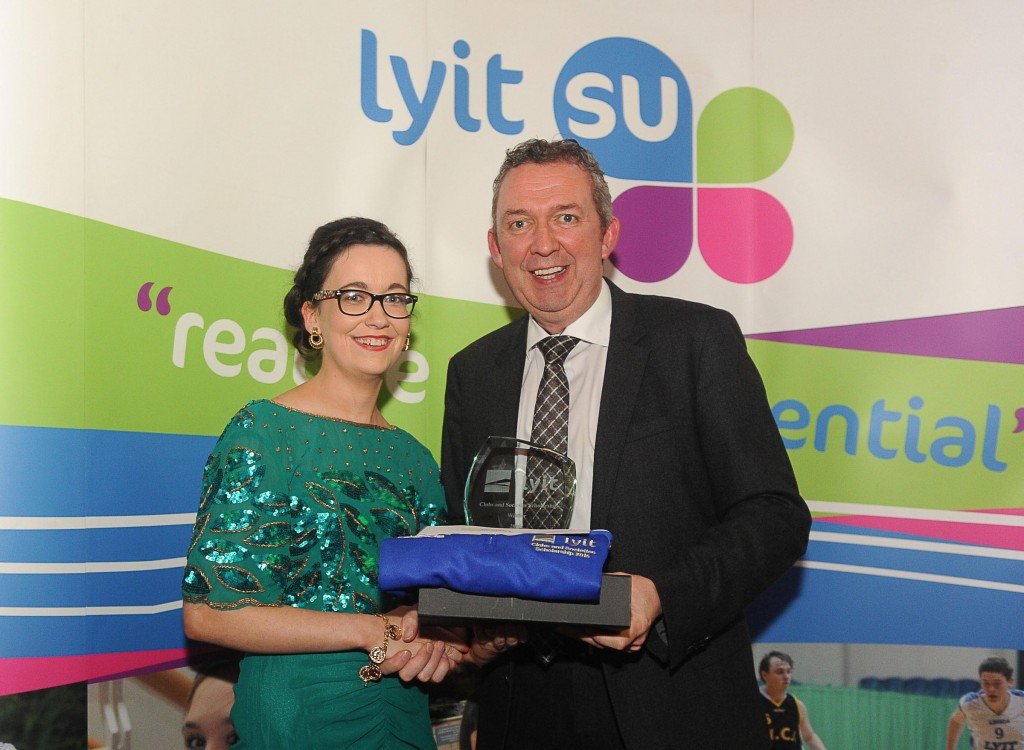 Aoife McGrory , Beechwood Road, Letterkenny, a student at LyIT pictued receiving a Clubs and Societies Scholarship from Paul Hannigan, President ,LYIT.  Aoife is an energetic member of the Public Speaking Society.