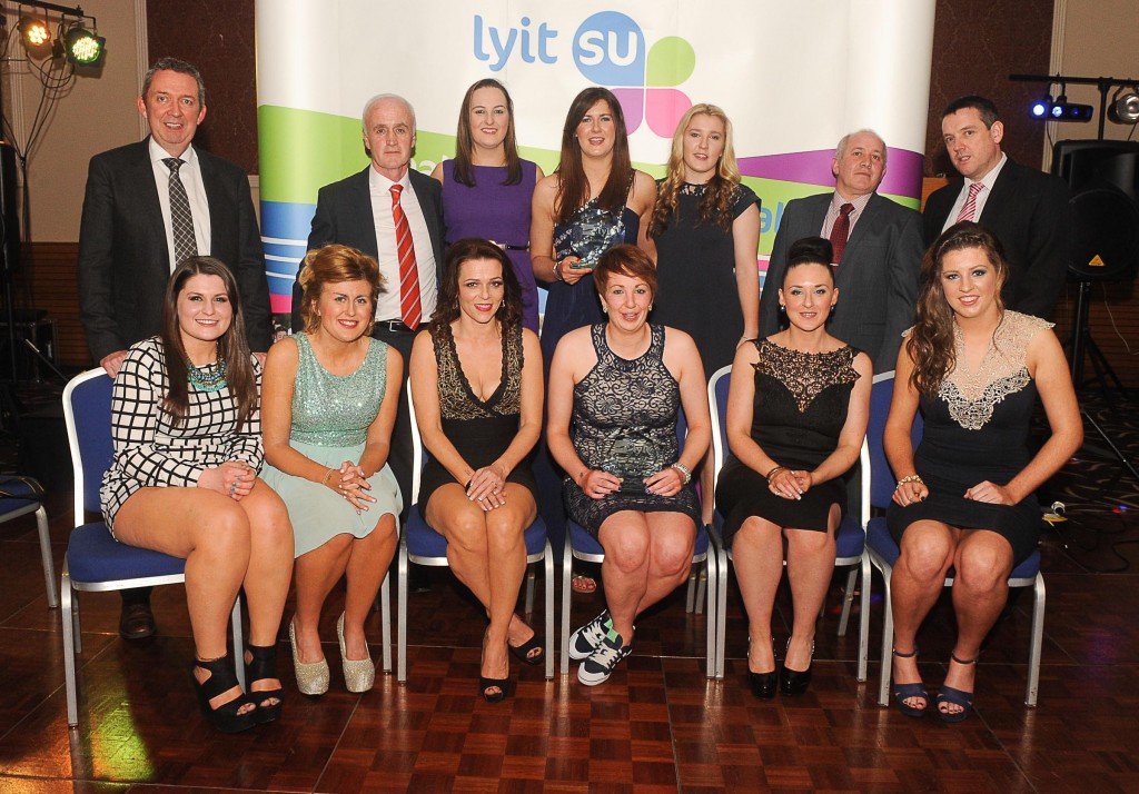 Members of the Ladies GAA team who were presented with the Team Award at LYIT Presentation of Awards are Isobel Keenan, Niamh Rhatigan, Rose Mannering, Sarah Faulkner, Arlene Gallagher and Aine Higgins, back row are Paul Hannigan, Paddy Gallagher, Rebekah Mooney, Dara Kelly, Gemma Glackin, Eamon O'Boyle and Billy Bennett.