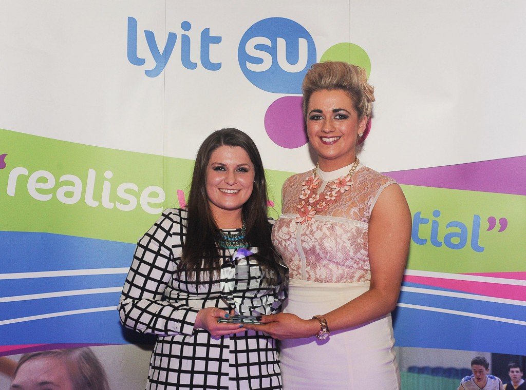 Isobel Keenan a member of the Canoe Club at LYIT pictured receiving the Outstanding Club Member Award 2015 from Tanya Russell, SU President at the President of Club Awards.