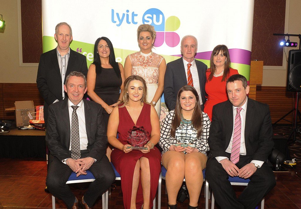 Pictured at the presentation of Clubs and Societies Awards at LyIT  are Katy Murphy who won the Leadership Award and Isobel Keenan who won the Outstanding Club Member Award, both seated along with Paul Hannigan, President and Billy Bennett, Registrar, LyIT. Included are Michael Farren, Fiona Kelly, Tanya Rusell, President Student Union, Paddy Gallagher and AnnMarie Kelly, members of the Clubs and Societies Finance Committee.