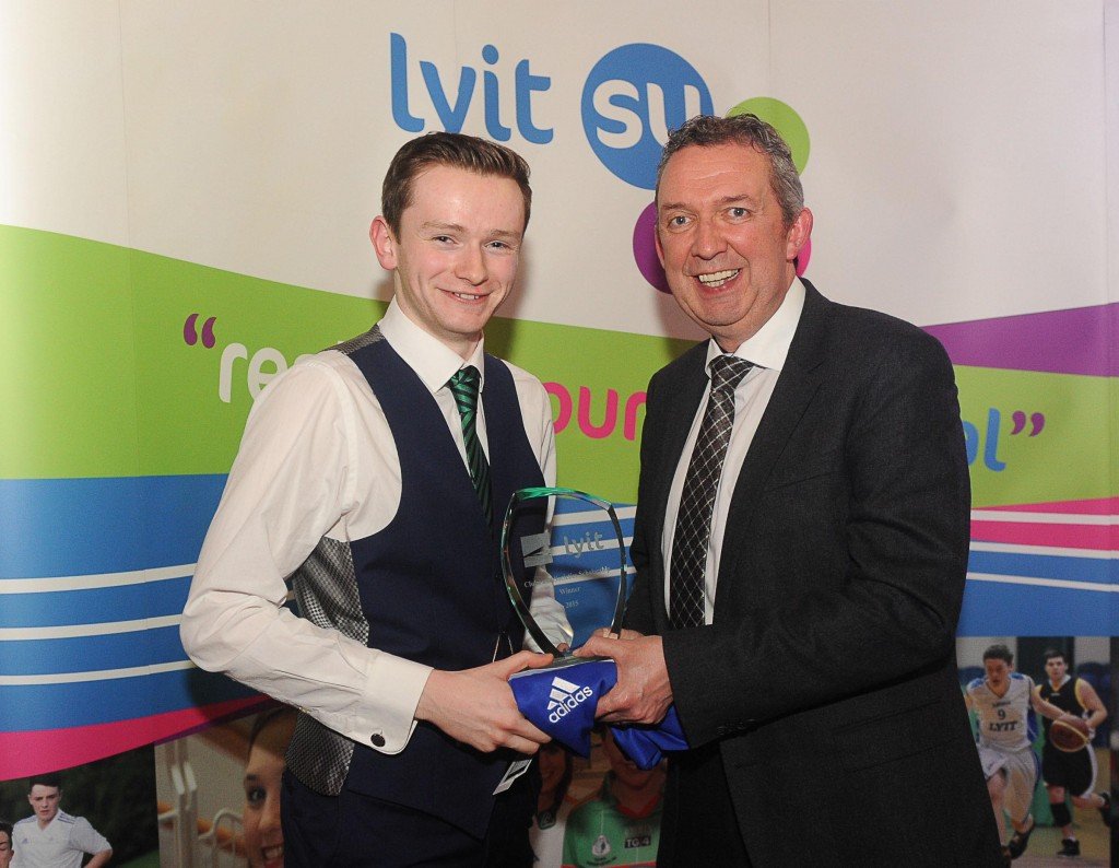 Michael Carroll a student at LYIT receiving a Clubs & Societies Scholarship from Paul Hannigan for his work with the Public Speaking Society in the institute. The presentation was made at a Presentation of Awards evening in the Radisson Blu Hotel.
