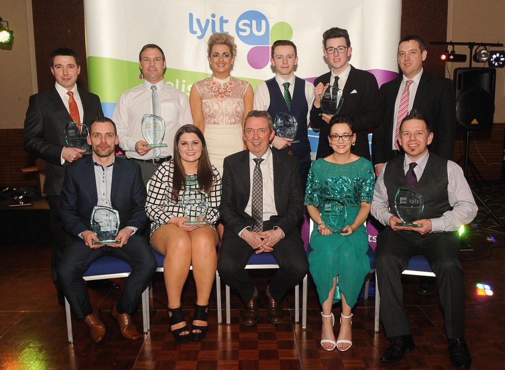 Clubs & Societies Scholarship winners at LyIT pictured at the Presentation of Awards are Paulius Karbauskas, Denis Bourne, both Android App Society members, Tanya Russell Student Union, Michael Carroll, Public Speaking Society, Adam Crossan, LGBT Society, Billy Bennett, Registrar, Lyit. In front are Gearoid Maguire, Android App Society, Isobel Keenan, Canoe Club, Paul Hannigan, President LYIT, Aoife McGrory, Public Speaking Society and John McClean, Gardening Club.