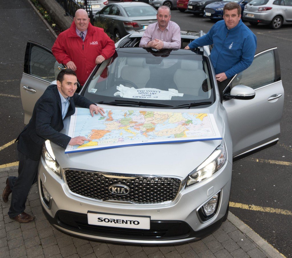 Seamus McLaughlin, Inishowen Motors pictured with three shopping centre managers Kevin Doyle, Laois Shopping Centre, Brian McCracken, Letterkenny Shopping Centre and Páraic Naughton, Galway Shopping Centre. The three shopping centre managers will undertake a non-stop charity drive from Malin Head to Tarifa in Spain, in a KIA Sorento sponsored by Inishowen Motors. All funds will go towards the Irish Cancer Society and Relay for Life, Donegal   