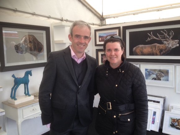 Legendary jockey Ruby Walsh with Donegal artists Marina Hamilton and one of her famous blue horse sculptures in the background.