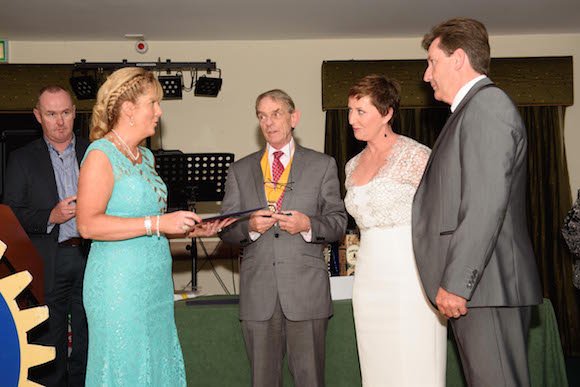 Ina Barrett, Letterkenny Rotary Club President, Gerry Burke, Letterkenny Rotary Club Vice President as they present Majella O'Donnell and Daniel O'Donnell with the Paul Harris Fellow at the Letterkenny Rotary Club's Presidents Dinner in the Station House Hotel on Friday night last. Photo:- Clive Wasson