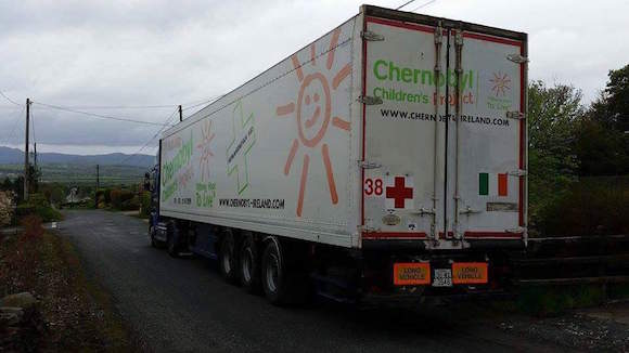 The massive container of humanitarian aid leaving Ireland yesterday thanks to the people of Donegal.