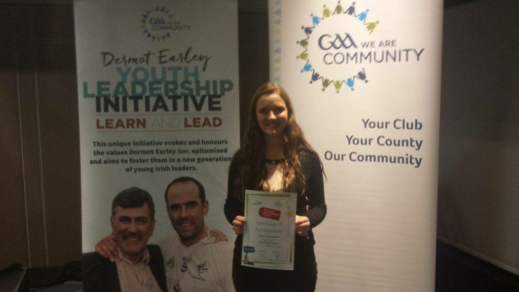 Pictured is Letterkenny Gaels' Aoibhinn Ní Mhuireadhaigh receiving her stage one award (GAA/Foróige/NUIG) in the Dermot Early youth leadership initiative.