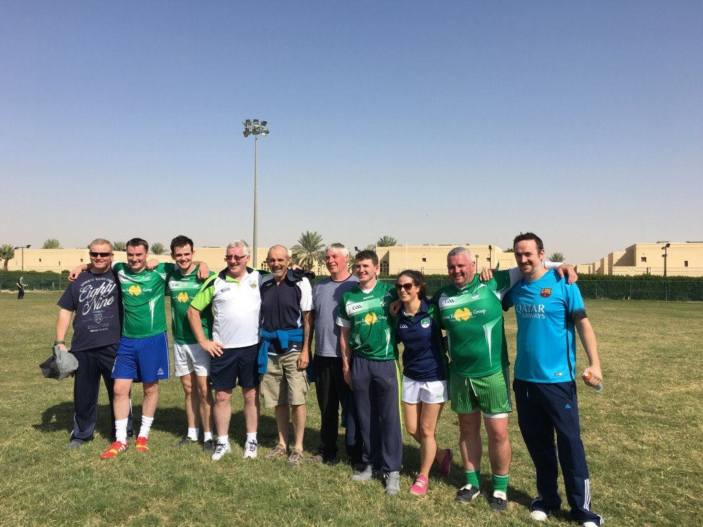 Pat Spillane pictured with the Rosses & Gaoth Dobahir gang in Saudi. L-R: Brendan Butcher Boyle, Micheal Boyle, Denis O Donnell, Pat Spillane, PJ Rodgers, Francie McKelvey, Shaun O Donnell, Caroline McGroary, Owenie McBride, Shaun Rodgers. 