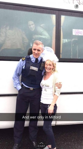 Geraldine Connor with a Garda that came to her rescue earlier this afternoon! 